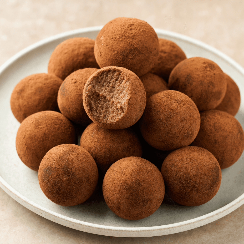 Small, round, cocoa-dusted balls with a soft-looking light-brown interior are arranged on a serving plate.
