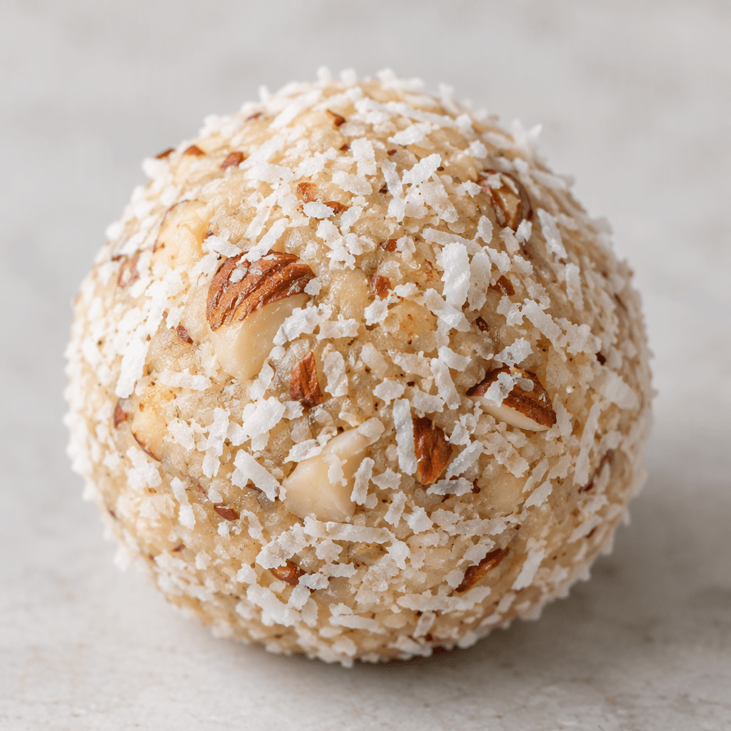 A small, round, pale beige energy ball with a slightly uneven surface, flecked with almond pieces and coated in fine white coconut shreds.
