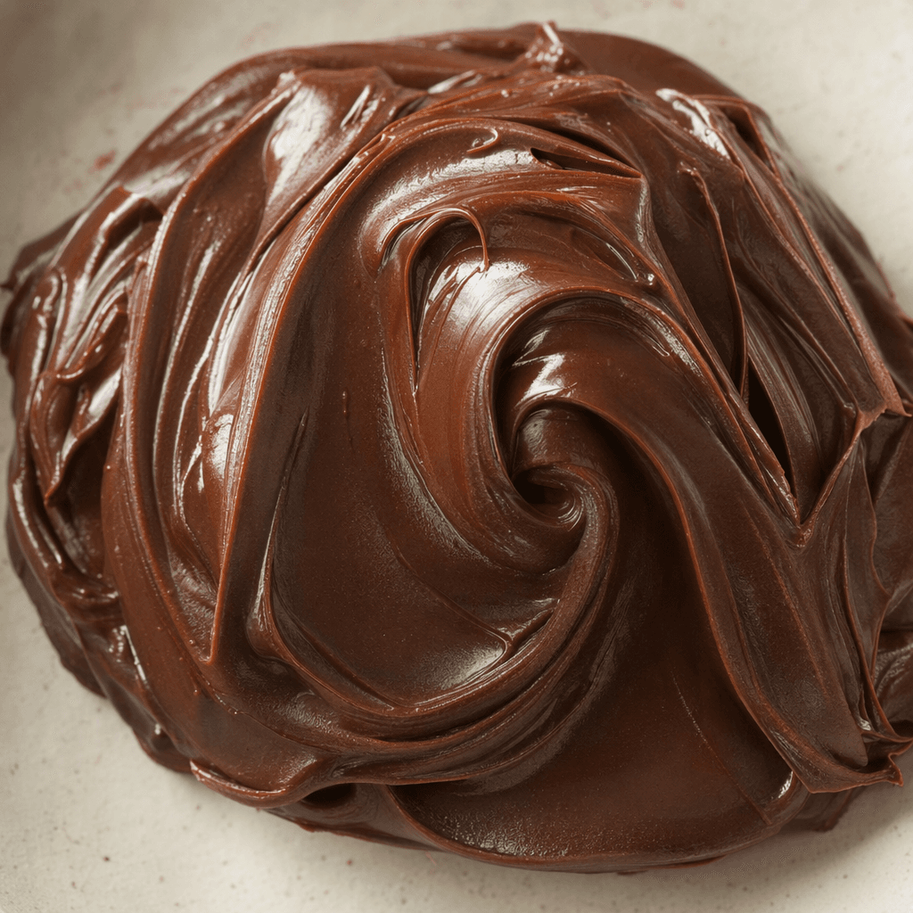 A thick, glossy, dark-brown chocolate spread sits in a soft mound, its smooth surface marked by curved spreading ridges.