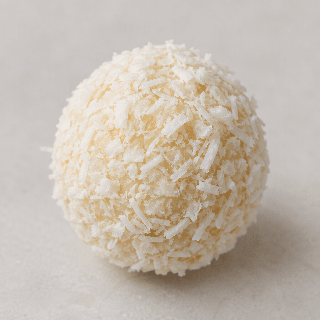 A small, round coconut snack with a pale cream surface covered in fine, uneven coconut flakes.