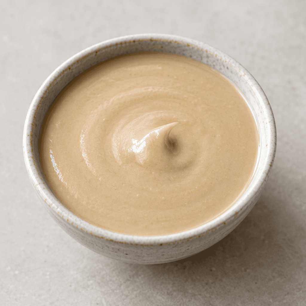 A smooth, thick, pale beige sesame paste with a uniform, creamy texture, served in a small dish.