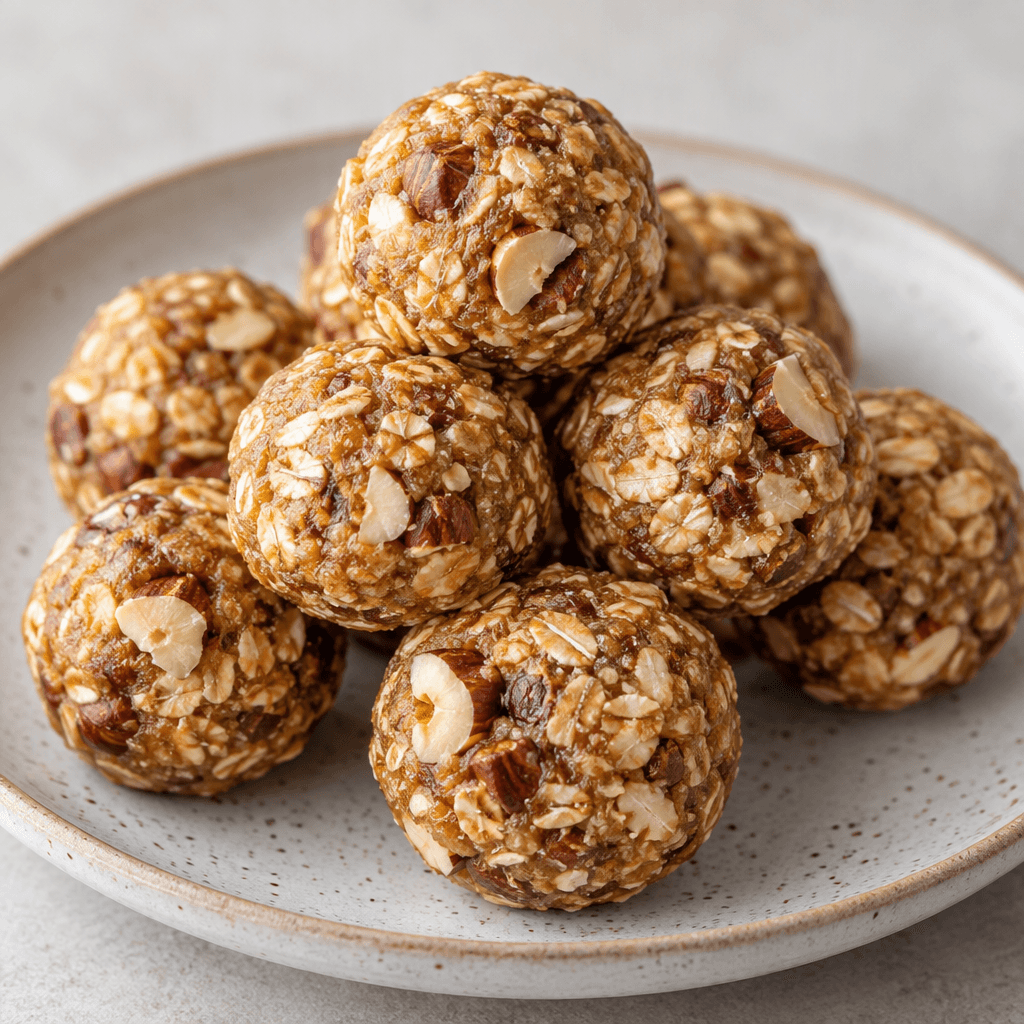 Small, round, golden-brown energy balls with visible oat flakes and chopped hazelnut pieces, arranged on a plate.