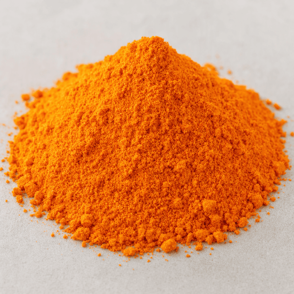 A small mound of fine, vivid orange powder with a dry, slightly granular texture.