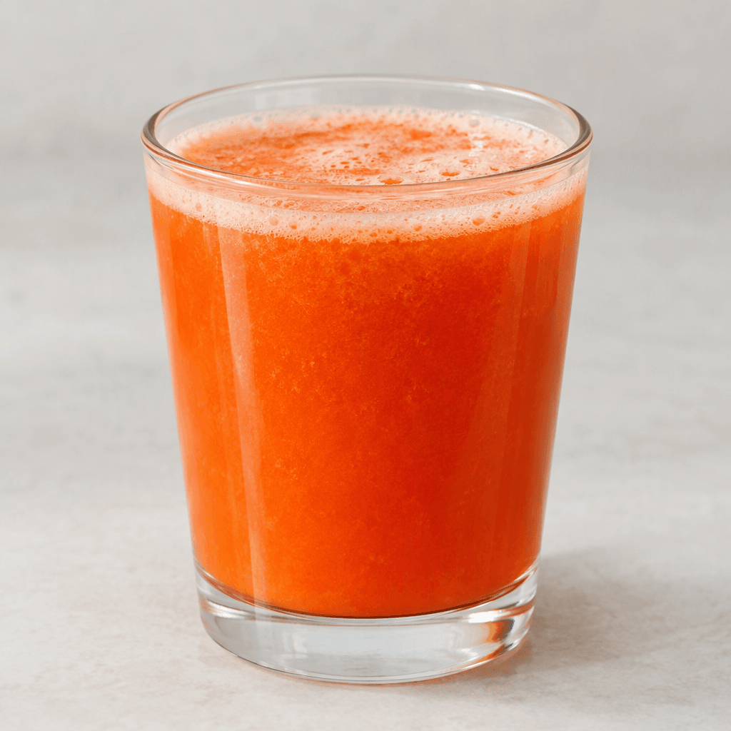 A bright orange-red drink with a clear, slightly frothy surface, served in a transparent glass.