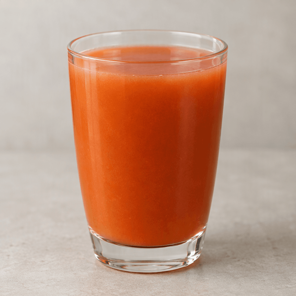A cloudy reddish-orange drink with a smooth surface is served in a clear glass.