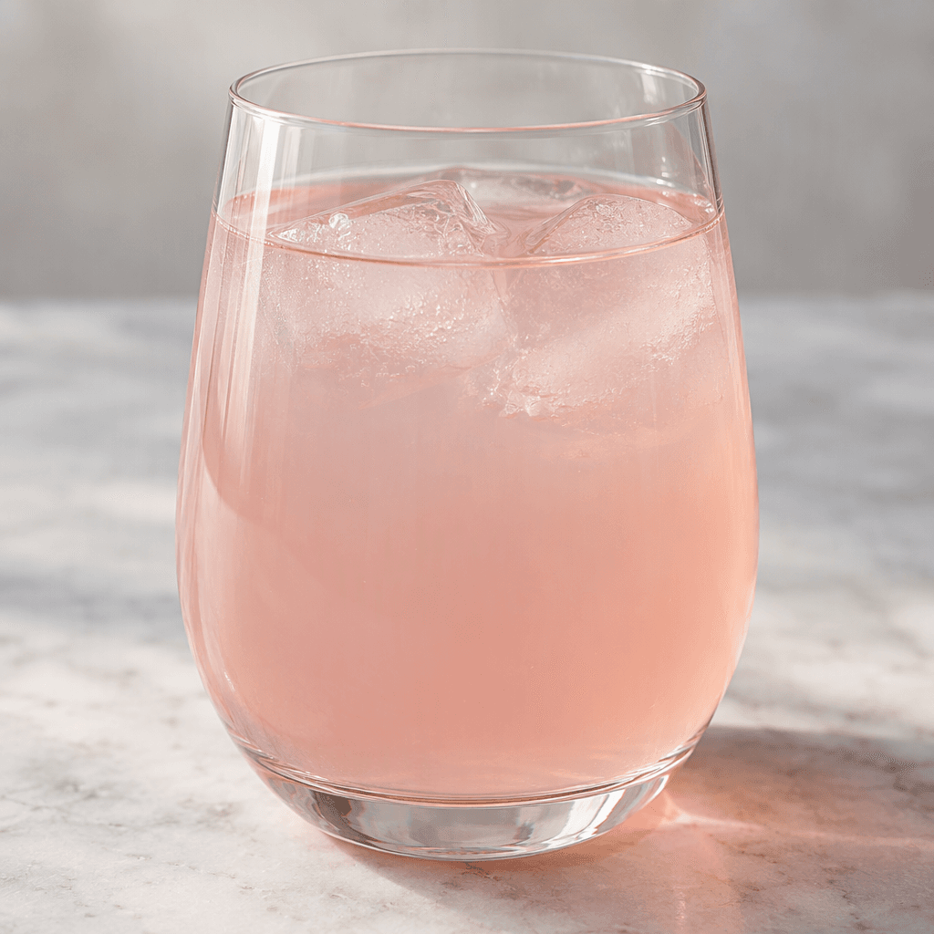A glass of lightly cloudy, pale pink drink with a smooth, watery appearance.