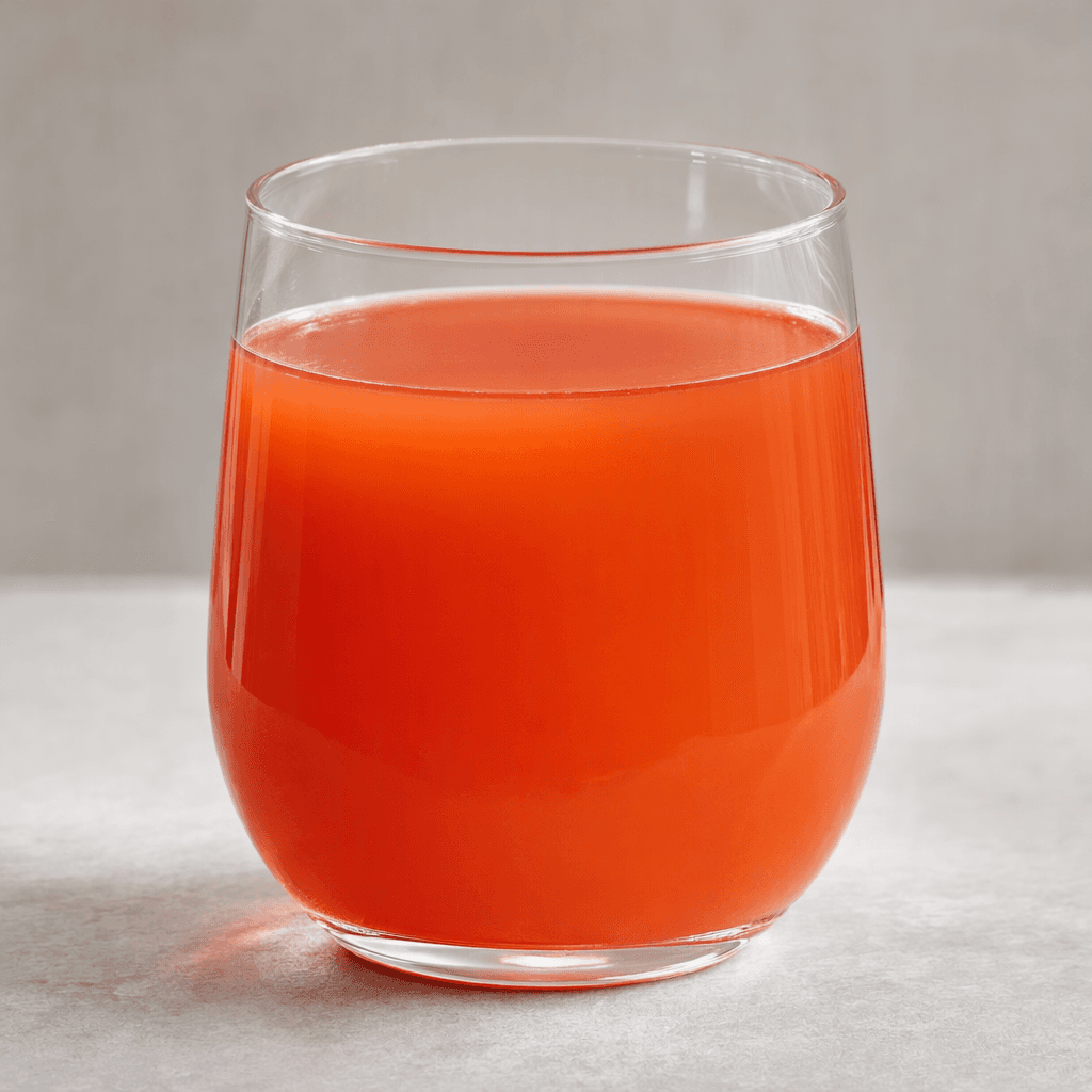 A smooth, translucent reddish-orange drink sits in a clear glass, with an even colour and no visible pieces.