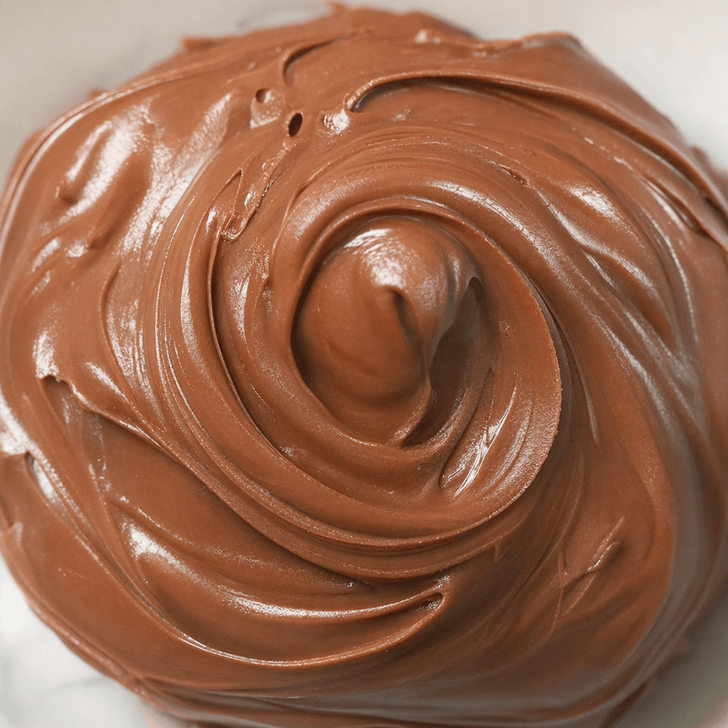 A thick, glossy, medium-brown cocoa peanut spread sits in a soft mound, with a smooth surface and faint streaks.