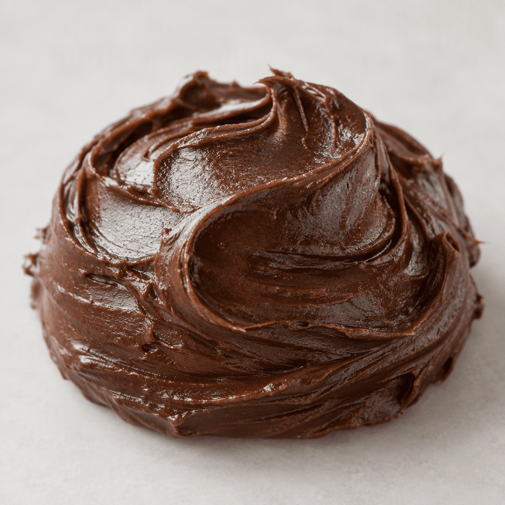 A thick, smooth dark-brown spread with a soft sheen, gathered in a small mound with gentle swirls on its surface.