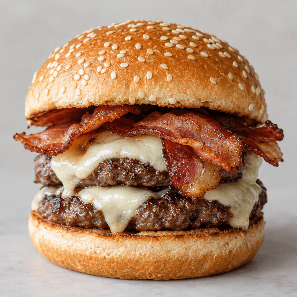 Hafif kızarmış susamlı ekmeğin arasında kızarmış dana köfteleri, çıtır kızıl kahverengi bacon dilimleri ve erimiş açık renkli peynir görünen, kat kat bir burger.