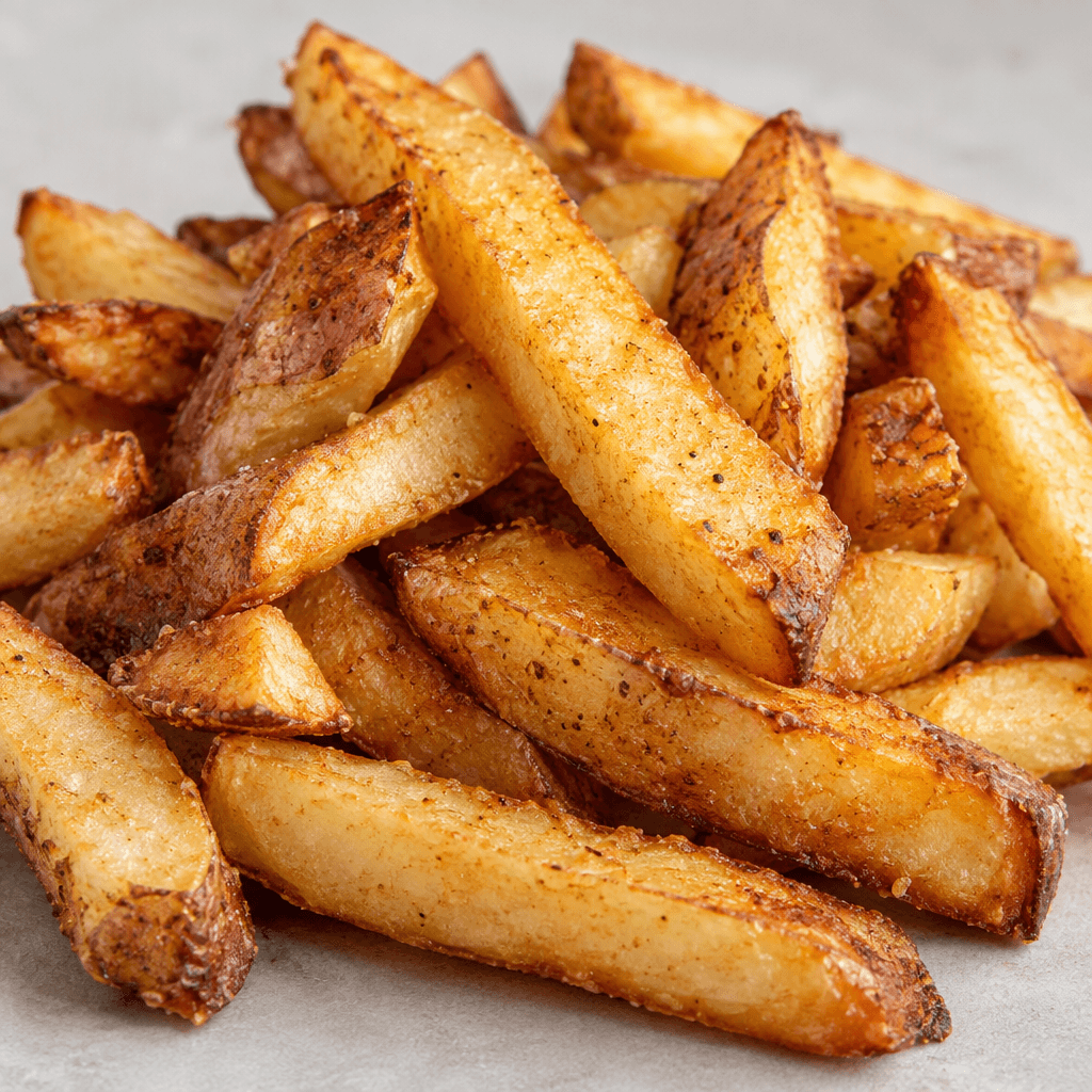 Düzensiz kesilmiş kalın patates çubukları gevşekçe üst üste duruyor; yer yer kızıl kahverengi kabuk parçaları görünen pütürlü yüzeyleri açık altın sarısından koyu altın kahverengiye uzanıyor.