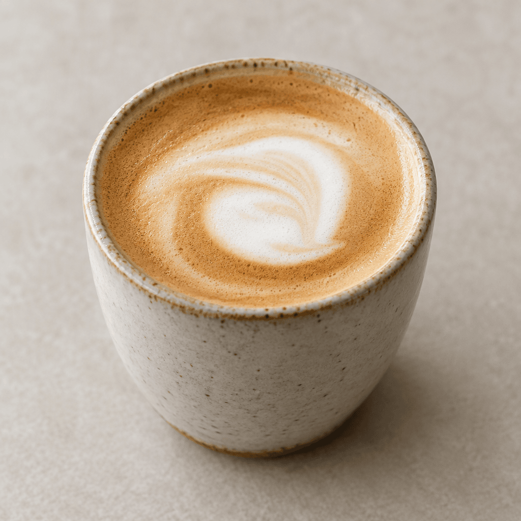 A small ceramic cup holds a warm tan coffee topped with a thin layer of glossy pale milk microfoam and a subtle white swirl on the surface.
