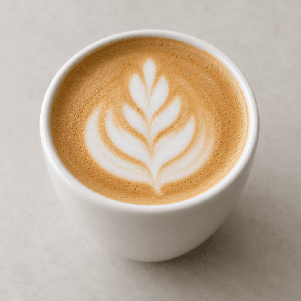 A small white ceramic cup holds a pale caramel-brown espresso topped with a smooth, thin layer of creamy oat milk foam, with a delicate white leaf pattern on the surface.