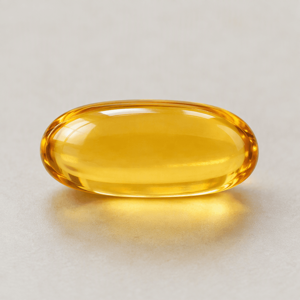 A smooth, glossy, translucent golden-amber capsule with an elongated oval shape.