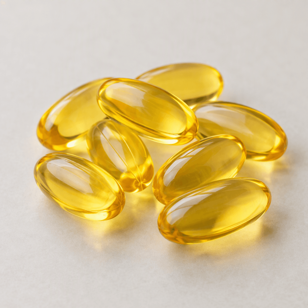 Several smooth, oval, translucent amber-gold softgel capsules with glossy surfaces are arranged together.