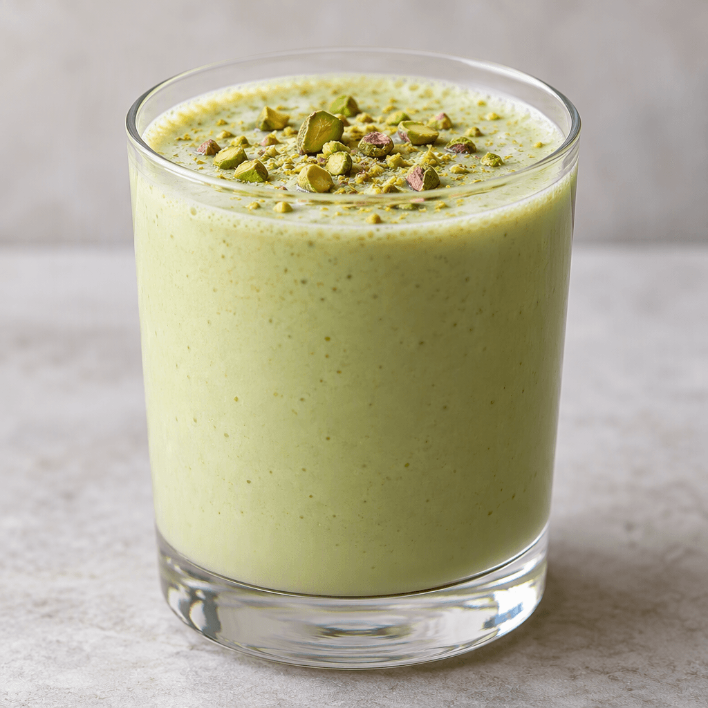 A smooth, opaque, pale pistachio-green drink fills a clear glass.