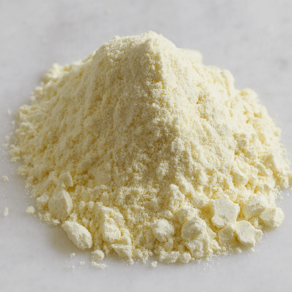 A small mound of pale ivory, finely milled vanilla shake powder with a dry, soft, slightly clumpy texture.