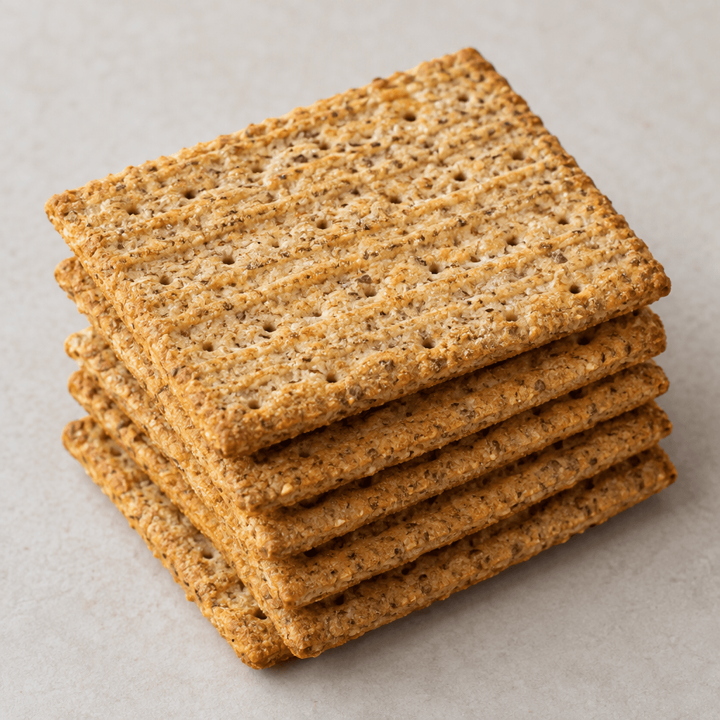 Thin, rectangular golden-brown biscuits with a lightly speckled whole-grain surface, shallow ridges, and small perforations, arranged in a neat overlapping stack.