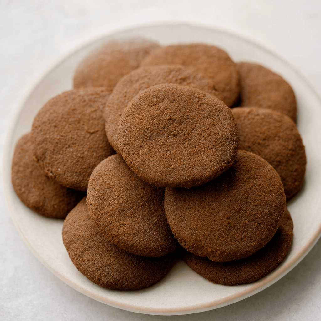 Flat, dark-brown biscuits with a matte, slightly uneven surface and crisp-looking edges, arranged on a plate.