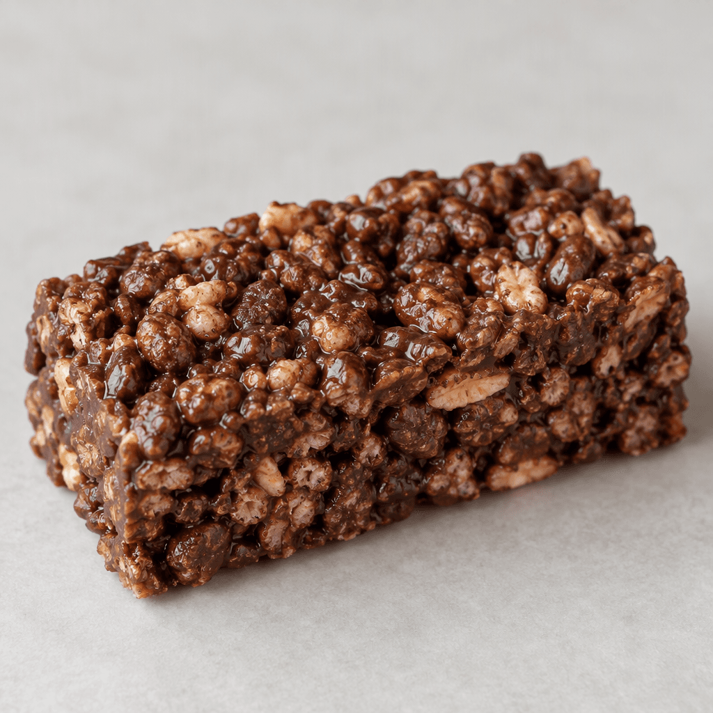 A compact rectangular bar of clustered crisp cereal pieces bound together with dark brown chocolate, with a slightly uneven, textured surface and a few cereal pieces visible.