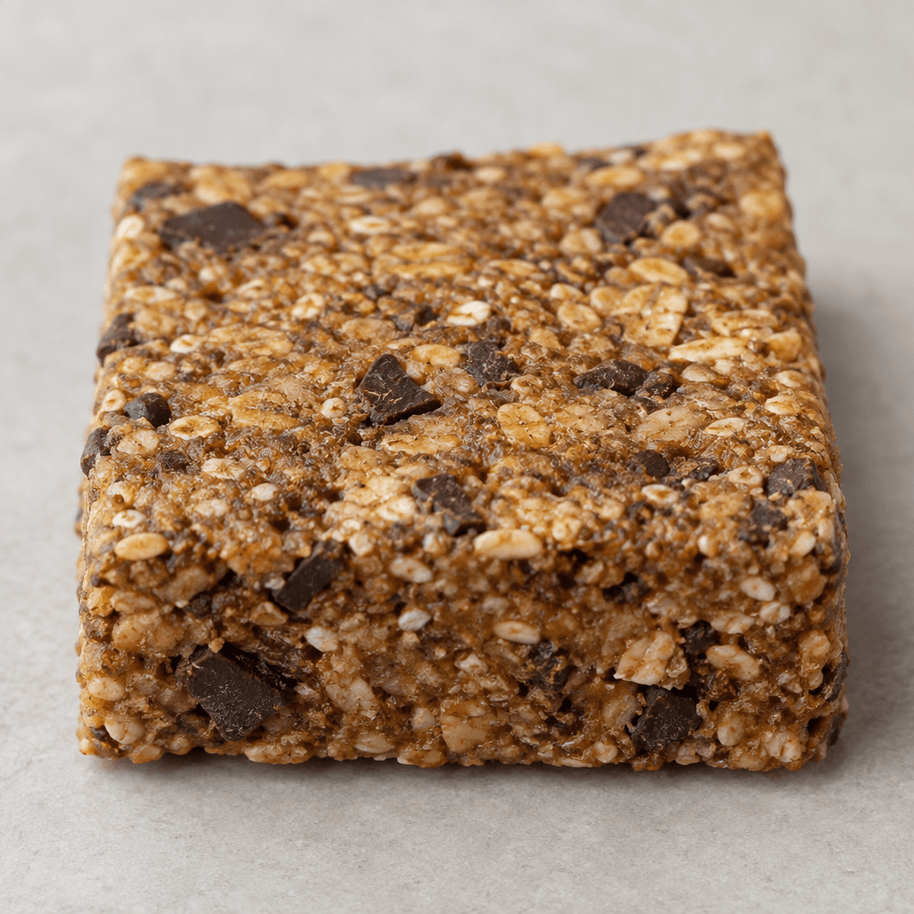A compact rectangular brown bar with a slightly uneven surface, showing coarse whole-wheat grains and scattered darker chocolate pieces.