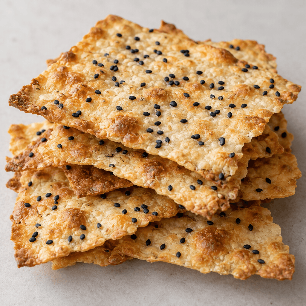 Thin, crisp, irregularly rectangular crackers with a pale golden-brown surface, scattered black nigella seeds, and small toasted bubbles, arranged in a loose stack.