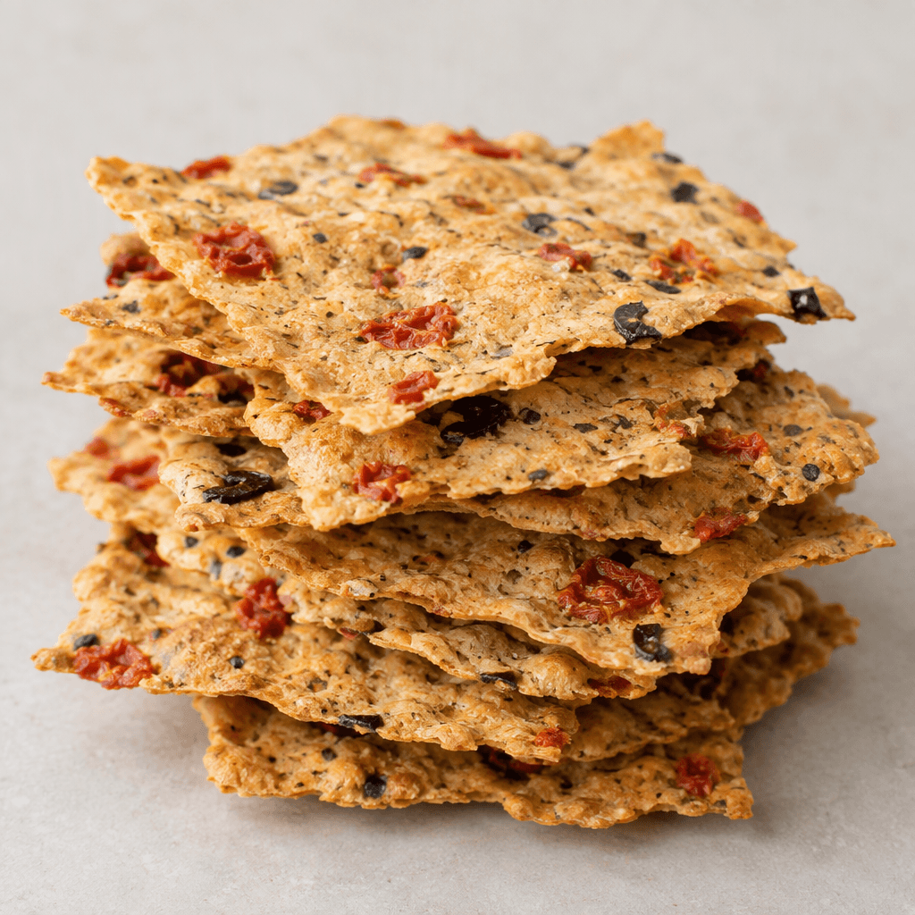 Thin, flat golden-brown crackers with uneven edges, dotted with small red tomato pieces and dark olive flecks, are arranged in a loose stack.