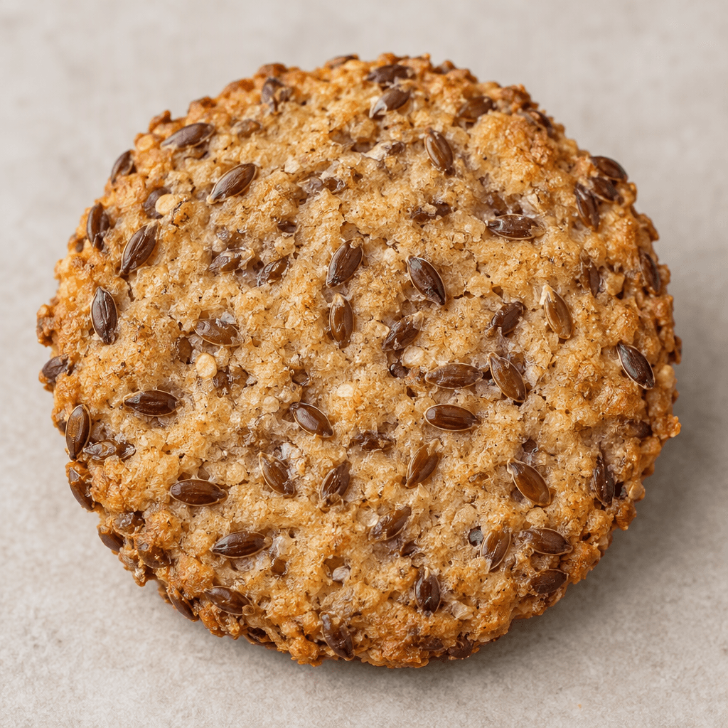 A small, flat, roughly round flaxseed biscuit with a golden-brown, slightly uneven surface and visible flaxseeds throughout.