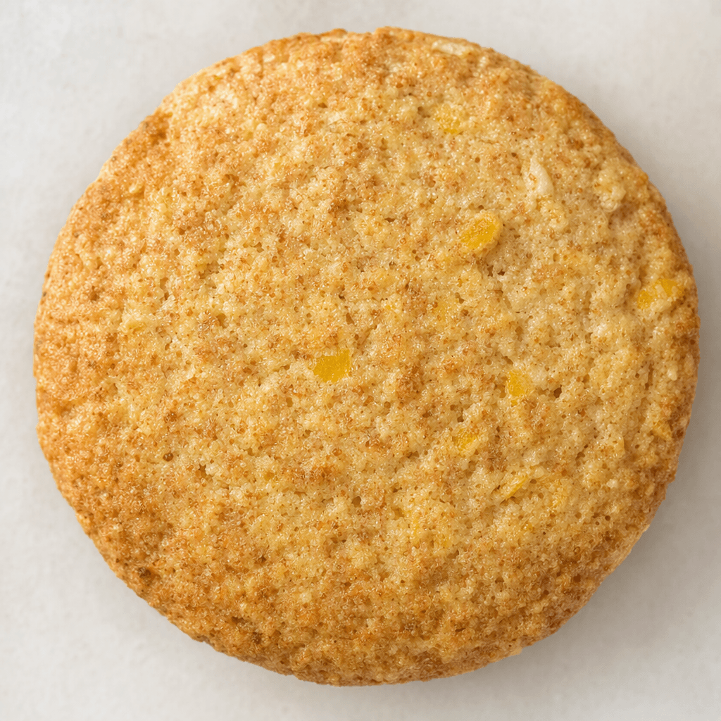 A round, flat, golden-brown biscuit with a coarse bran-flecked surface and small yellow flecks of lemon peel.