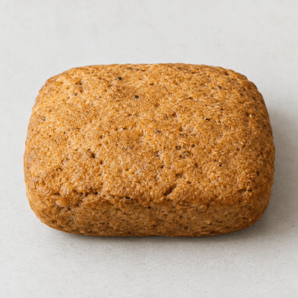 A compact, golden-brown protein biscuit with a firm, slightly rough surface and a simple rounded rectangular shape.