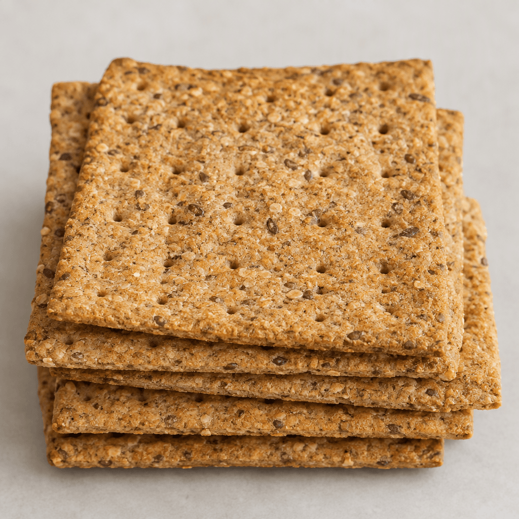 Thin, flat whole-wheat crackers are golden brown with darker grain flecks, lightly rough surfaces, straight edges, and small evenly spaced holes.