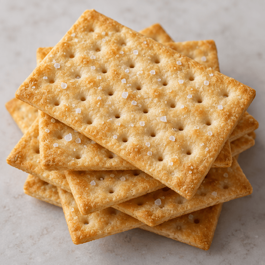 Thin, flat, pale golden rectangular crackers with evenly spaced pinholes and a light scattering of coarse salt sit in a loose stack.
