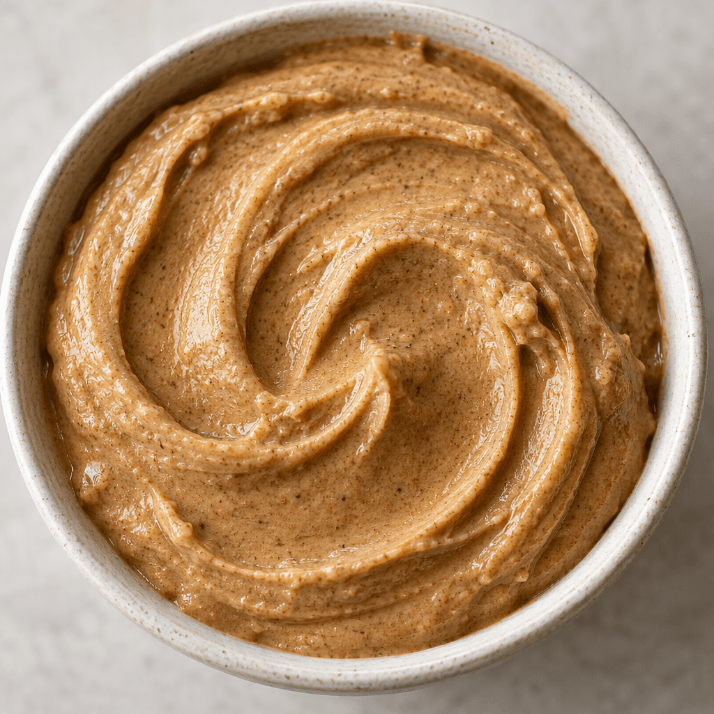 A thick, smooth, light tan-brown almond paste with a subtle sheen and soft swirls across its surface.