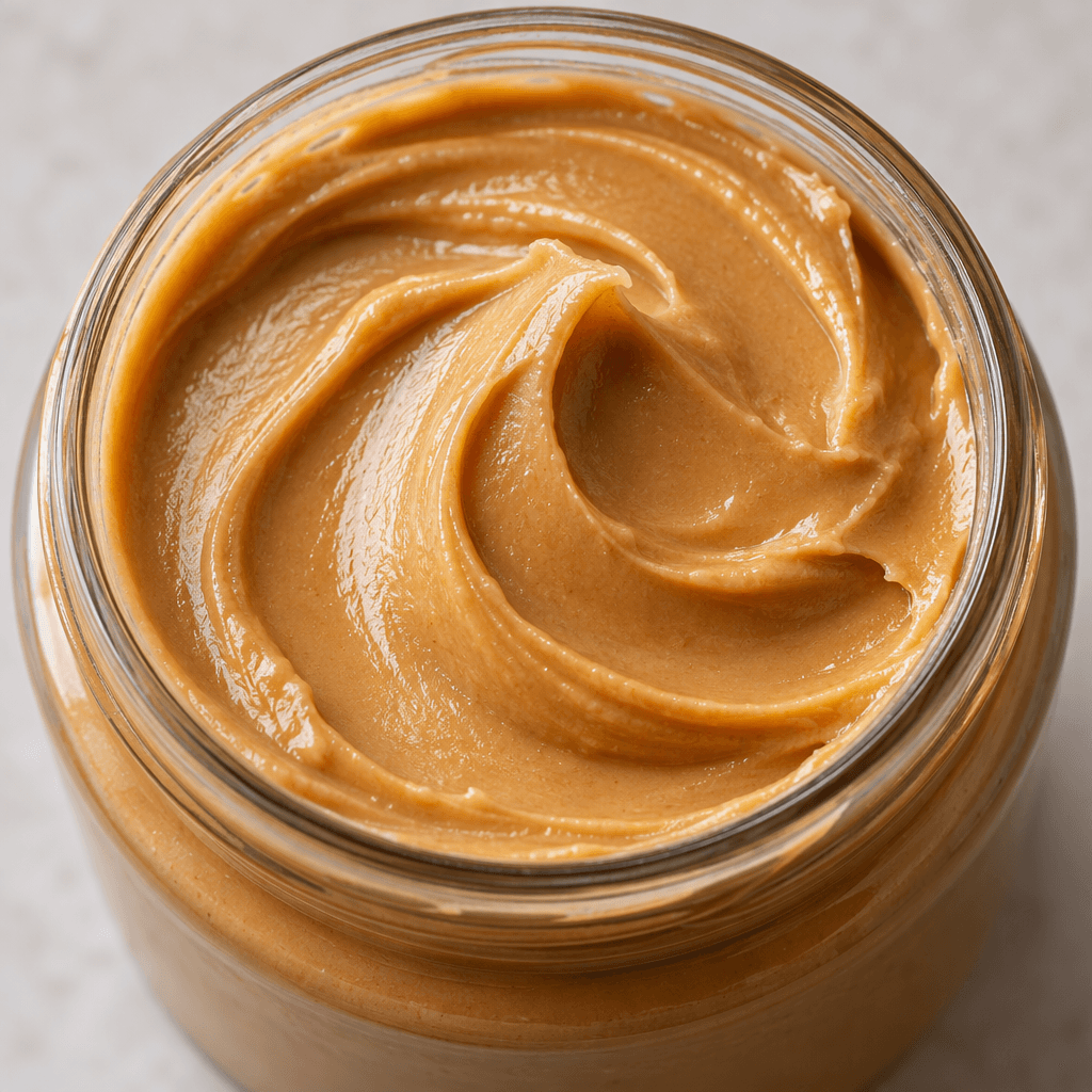 A thick, smooth, uniform light-brown peanut spread with a soft sheen and no visible pieces.