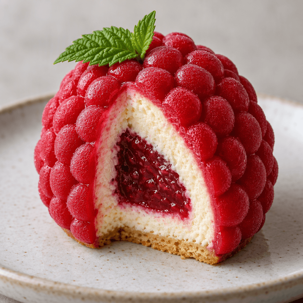 A vivid red, raspberry-shaped dessert with a surface of tiny rounded bumps and a small green leaf rests on a plate, its cut side revealing pale cream and a darker red center.