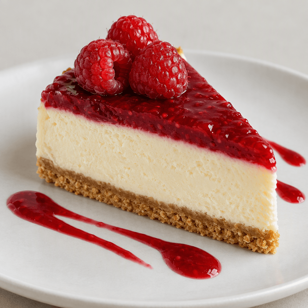 A triangular slice of cheesecake with a compact golden-brown crumb base, a thick smooth ivory-coloured filling, and a glossy deep-red raspberry layer on top, garnished with whole raspberries and a few red sauce streaks on a plain plate.