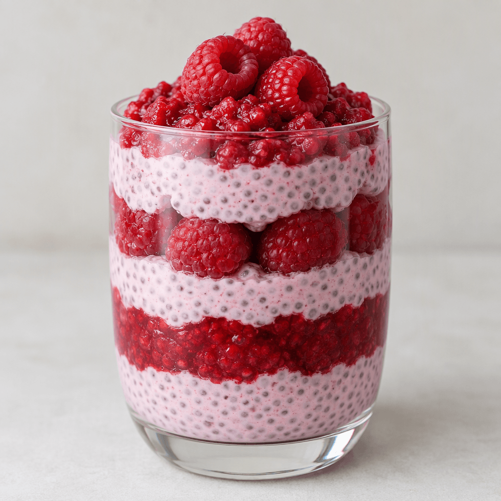 A clear glass layered parfait holds pale pink chia pudding with visible black chia seeds, vivid raspberry-red fruit layers and whole raspberries, topped with a mound of crushed raspberries and a few fresh berries, with the distinct layers visible through the sides.