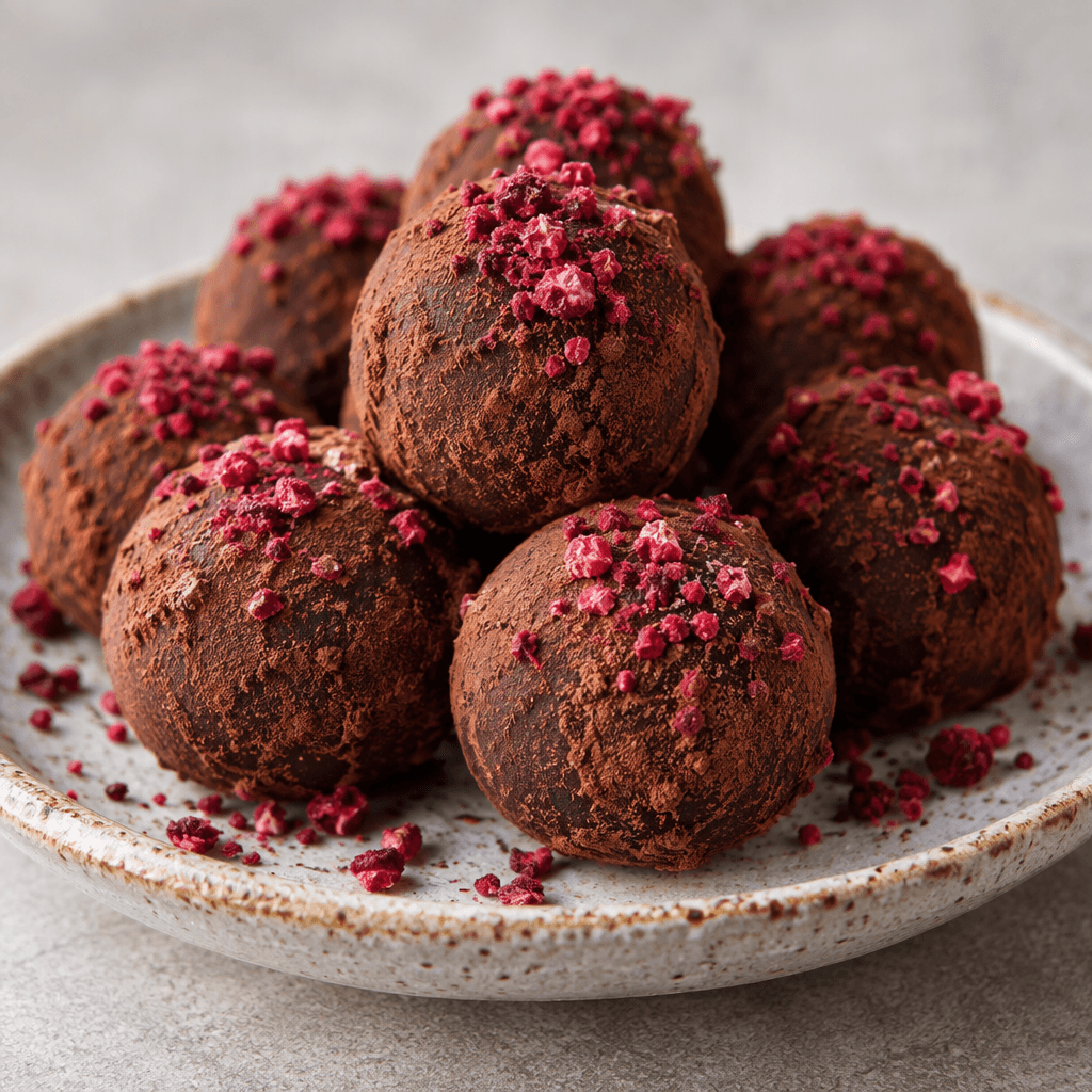 Bite-sized, round chocolate truffles with a dark, cocoa-dusted surface and scattered ruby-red raspberry crumbs are arranged on a small plate.