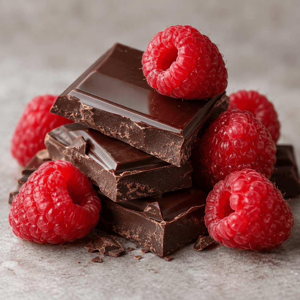 Dark brown chocolate pieces with a smooth, slightly glossy surface are arranged beside bright red raspberries.