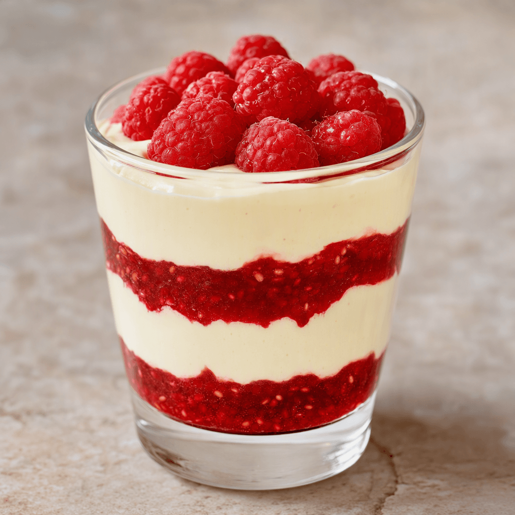 A clear glass holds distinct layers of pale, smooth cream and vivid raspberry-red sauce, topped with fresh red raspberries.