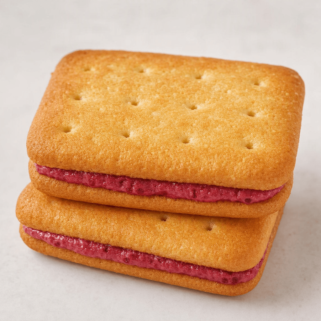 Two golden-brown, lightly textured rectangular biscuits with rounded corners and small perforations sandwich a visible layer of deep pink raspberry filling.