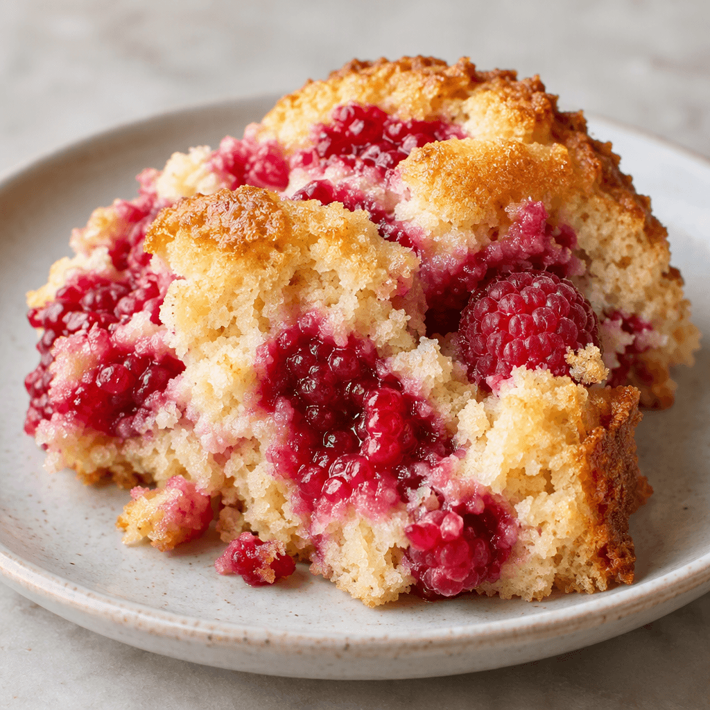 A soft, golden cake with bright red raspberries visible throughout, served as an irregular spoonful on a small plate.