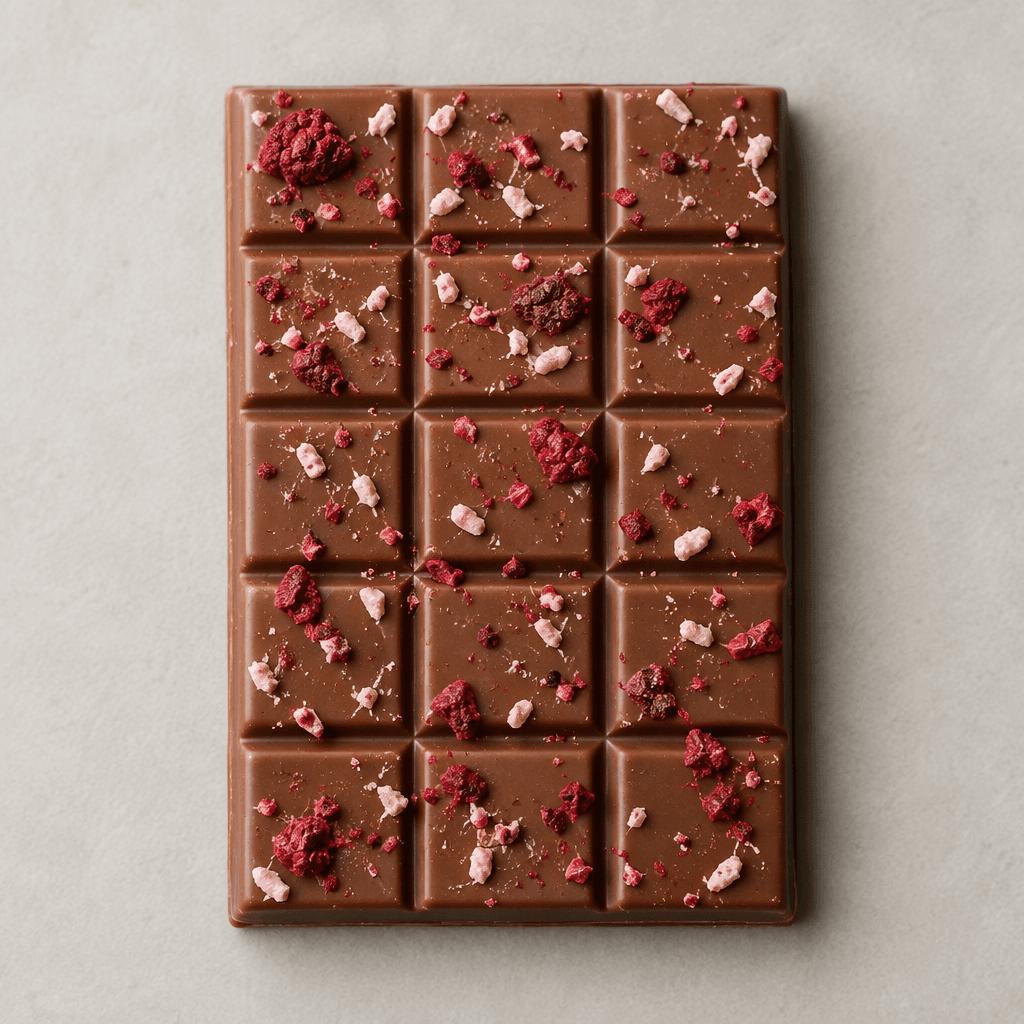 A milk-chocolate bar with a smooth light-brown surface, scattered with small red raspberry pieces and pale pink flecks.