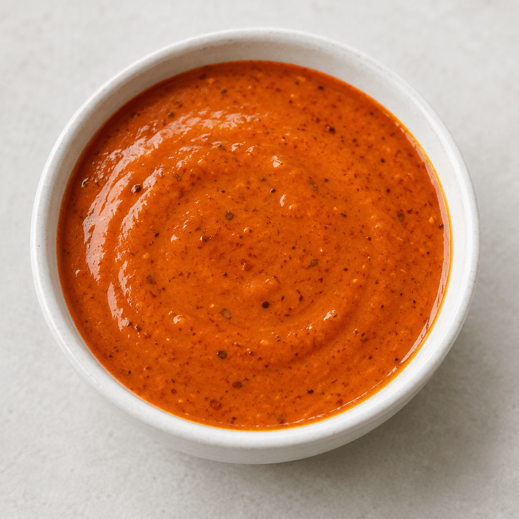A glossy, smooth orange-red dressing with a lightly speckled surface pools in a small dish.