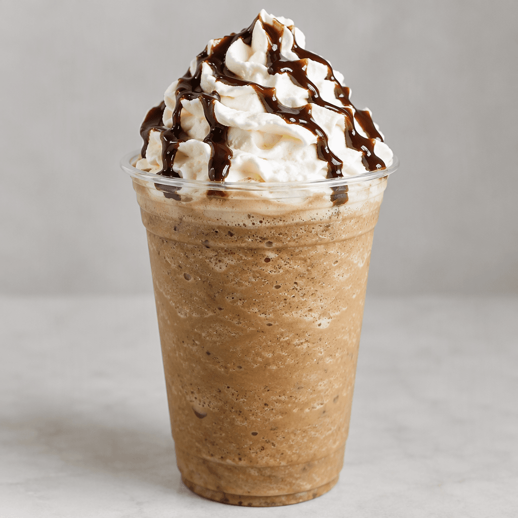 A thick, pale-brown blended iced drink sits in a clear cup, topped with a tall swirl of white whipped cream and a drizzle of dark syrup.