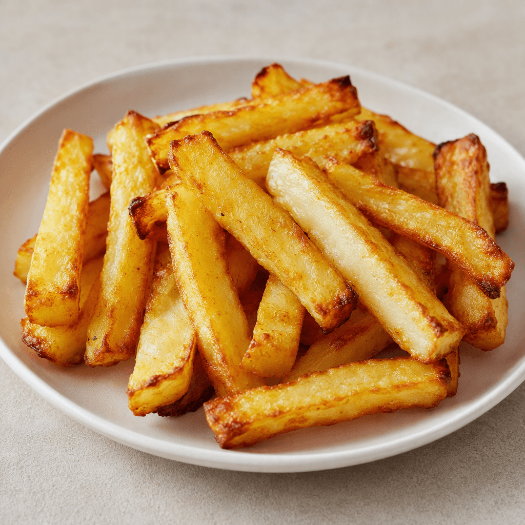 Golden-yellow potato batons with lightly browned, crisp-looking edges and pale, soft-looking centers are loosely arranged in a small pile on a plain serving plate.