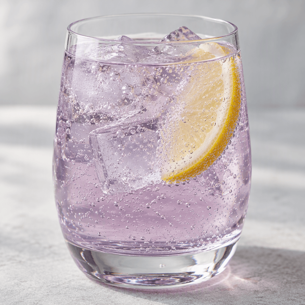 A clear, lightly purple-tinted fizzy drink with fine bubbles is served in a transparent glass.