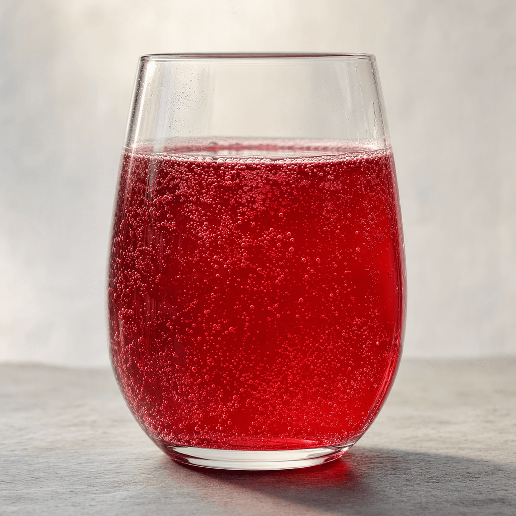 A clear glass holds a translucent ruby-red pomegranate drink with fine bubbles rising through it and a light fizz at the surface.