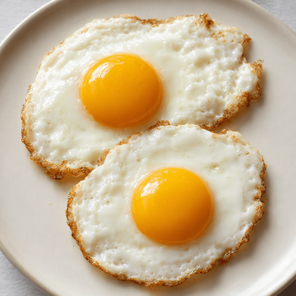 Two fried eggs sit on a plate, with opaque white edges that are slightly browned and irregular, round glossy golden-yellow yolks at the centre, and a light buttery sheen across the surface.