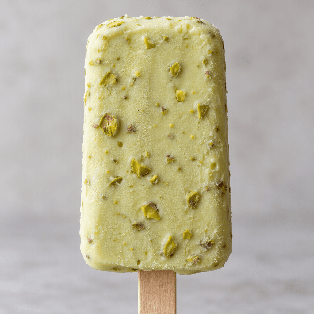 A small, rectangular pale-green frozen dessert bar with a smooth, creamy-looking surface and tiny pistachio pieces visible throughout, served on a stick.